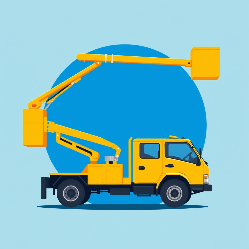 Create a high-resolution illustration of a yellow cherry picker truck with an extended arm and bucket, set against a vibrant blue circular background, captured with a Canon EOS R5 using a 35mm lens at f/8, ISO 100, and a focal length of 35mm, in a flat design style.