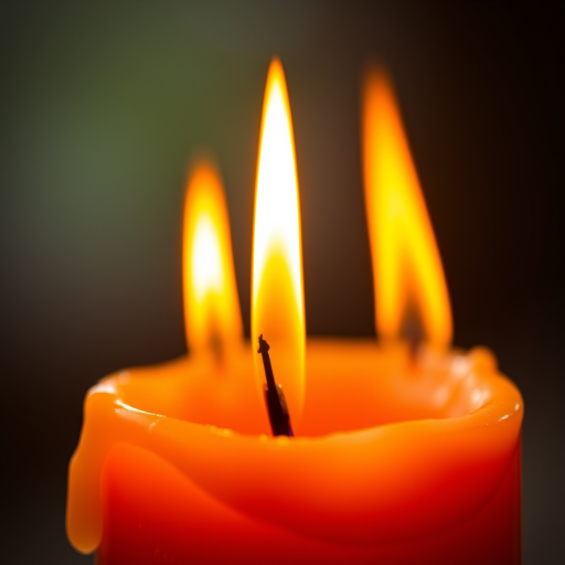 Create an image of a burning candle with vibrant flames and melting wax, photographed in macro mode, using a DSLR camera at f/2.8 for shallow depth of field, ISO 200, and a shutter speed of 1/125 sec, with natural lighting to enhance warmth and detail.