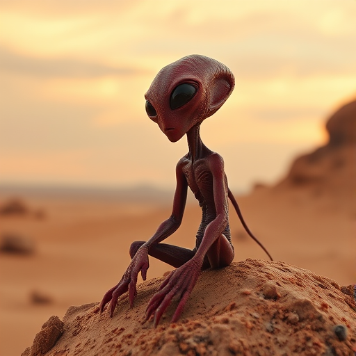 alien sitting on rock, red skin, black eyes, black sclera, big head, big eyes, short, sand, rock, sky, red colors, depth of field, highly detailed, cinematic lighting, aesthetic