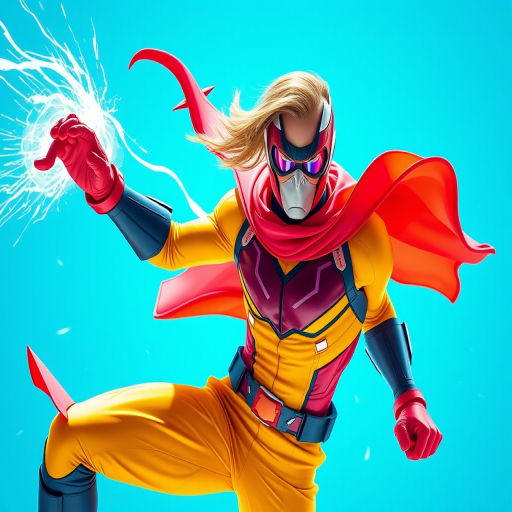 A dynamic superhero in a vibrant, futuristic outfit, mid-action pose, with energy trails and a bright blue background, captured with a DSLR camera at f/2.8, ISO 100, 1/1000 sec, wide-angle lens, high-speed shooting style.