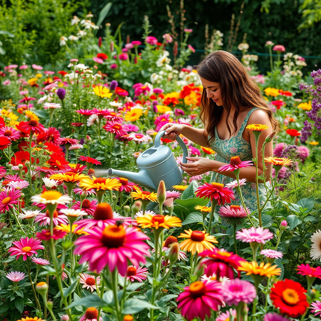 Beautiful garden in full bloom, with a variety of flowers and plants, a woman tending to the garden with a watering can, surrounded by vibrant colors and buzzing bees.