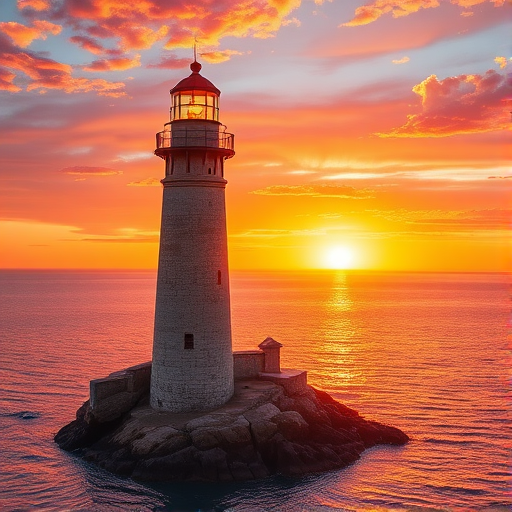 Generate an image of a tall lighthouse perched on a rocky outcrop surrounded by calm ocean waters during a breathtaking sunset. The lighthouse stands sturdy and weathered, its stone surface illuminated by the warm golden light of the setting sun. The sun's rays pass directly through the glass lantern room at the top of the lighthouse, casting a brilliant light across the scene. The sky is painted with vibrant shades of orange, pink, and purple, reflecting off the tranquil sea. The surrounding water shimmers with the same warm hues, creating a serene and majestic atmosphere.