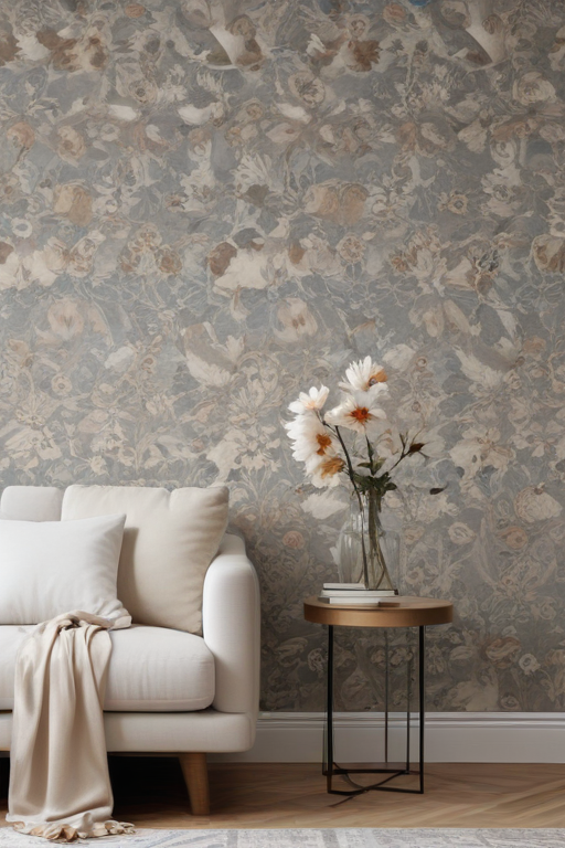 Cozy Living Room with Floral Wallpaper and Elegant Flower Arrangement