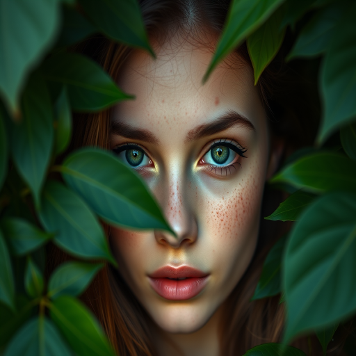 portrait of a young woman with striking green eyes and freckles framed by lush green leaves, shot with a Canon EOS R5, 85mm f/1.2 lens, aperture f/2.8, ISO 100, natural light, shallow depth of field, close-up view