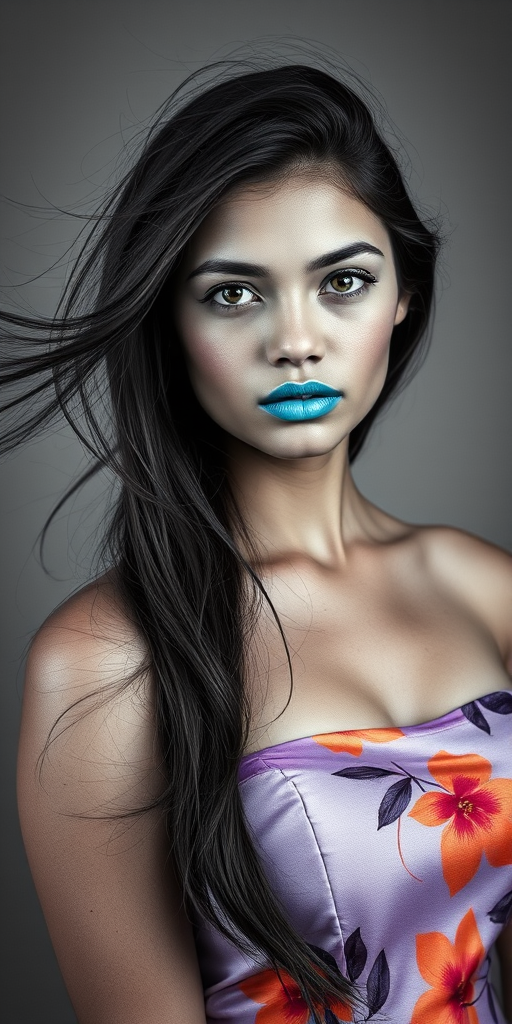 Photographic image of a beautiful young Maori woman, green eyes, lips with cyan lipstick, long hair fluttering in the wind and wearing a silk strapless dress with a soft purple and orange print. monochrome image with only color highlights in the iris of the eyes, lipstick and dress. Gray background.