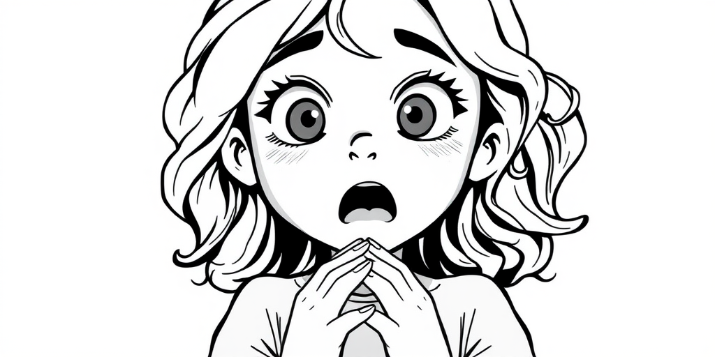The image is a black and white illustration of a young girl with curly hair. She has a surprised expression on her face with her mouth open and her hands clasped together in front of her chest. Her eyes are wide and her eyebrows are furrowed. Her hair is styled in loose curls that are cascading down her back. The overall mood of the image is one of shock or surprise.