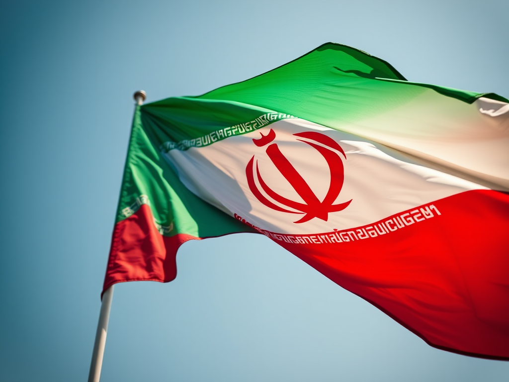Create a high-resolution image of the Iranian flag waving in the wind, captured with a DSLR camera at f/8 aperture, ISO 100, shutter speed 1/500 sec, using a wide-angle lens from a low angle to accentuate the movement and colors.