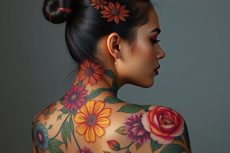 Create a hyper-realistic portrait of a fashion model with intricate floral designs and vibrant colors on her back, using a Canon EOS R5 with an 85mm f/1.2 lens, aperture set at f/2.8, ISO 100, and soft studio lighting to capture exquisite details and textures.