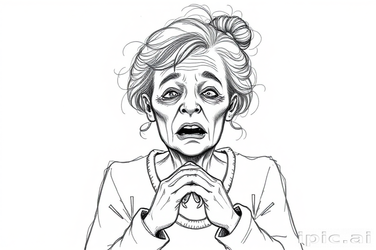 scribbly unfinished sketch, old lady with messy gray hair in a loose bun, surprised expression, mouth open, hands clasped together in front of her chest. Her eyes are wide, eyebrows are furrowed. vibe of shock or surprise.