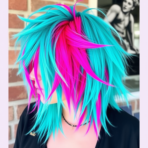 Edgy turquoise mullet with neon pink undertones, styled in tousled layers for a modern punk rock vibe, christened "Cyber Tsunami"