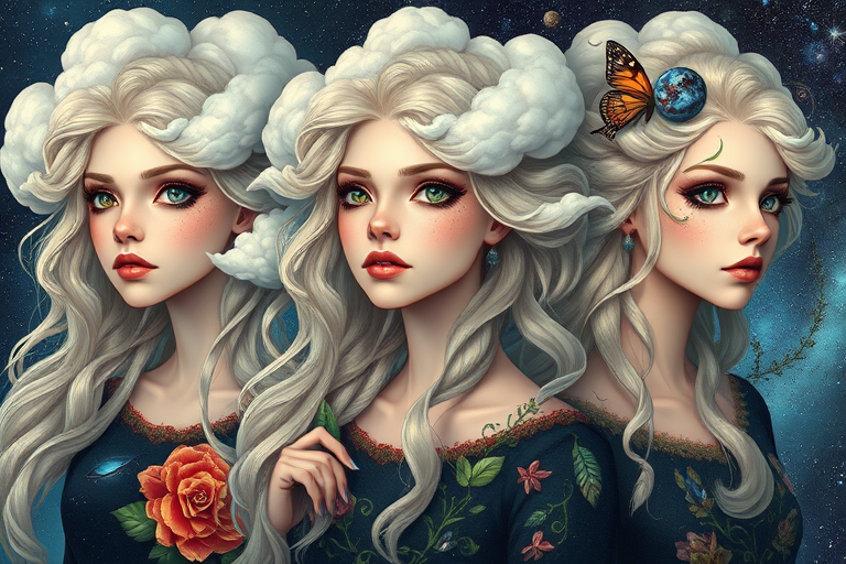Create a series of imaginative portraits where each subject is infused with elements of fantasy and nature. The hair of the individuals should flow like clouds, varying from soft, fluffy cumulus to wispy cirrus strands, with hints of color reflecting a sunset or a clear blue sky. The eyes should be windows to entire galaxies, with stars, nebulae, and distant planets visible within them. Clothing should be adorned with nature motifs, such as floral patterns that bloom and change, vines that seem to grow and wrap around, or feathers that shimmer with iridescence. Each portrait should capture a unique personality, blending human features with the ethereal beauty of the natural and cosmic world. The backgrounds can vary, from starry night skies to enchanted forests, adding depth and context to the magical realism of the portraits