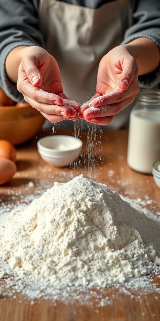 a close-up shot of a baker's hands sprinkling flour over a mound of flour on a wooden table, surrounded by eggs, flour bowls, and a jar of milk, soft natural lighting, f/2.8 aperture, 50mm lens, shutter speed 1/200s, ISO 100