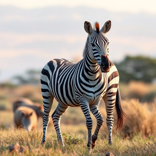 Create a high-resolution illustration of a zebra standing in a natural setting, use a 50mm lens, f/8 aperture, ISO 100, with soft diffused lighting to enhance details and contrast.