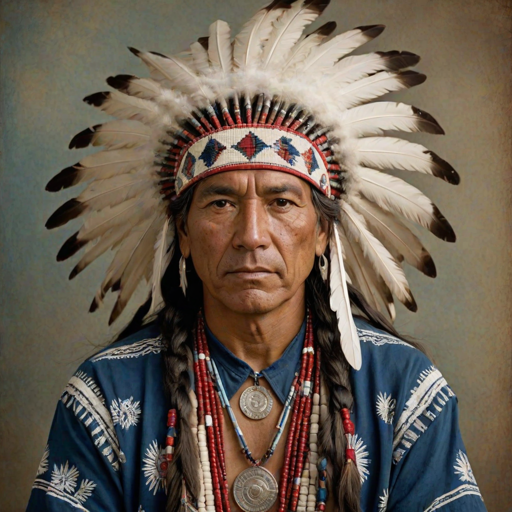 Create a dignified portrait of a Native American man dressed in traditional attire. He wears a beautifully crafted headdress adorned with white feathers and red beads, along with a beaded headband featuring intricate patterns. His clothing includes a deep blue, patterned shirt and a traditional chest piece with detailed beadwork. His arms are crossed, displaying leather armbands decorated with feathers. The background is simple and neutral, emphasizing his proud and stoic expression. The overall image captures the rich cultural heritage and strength of his persona.