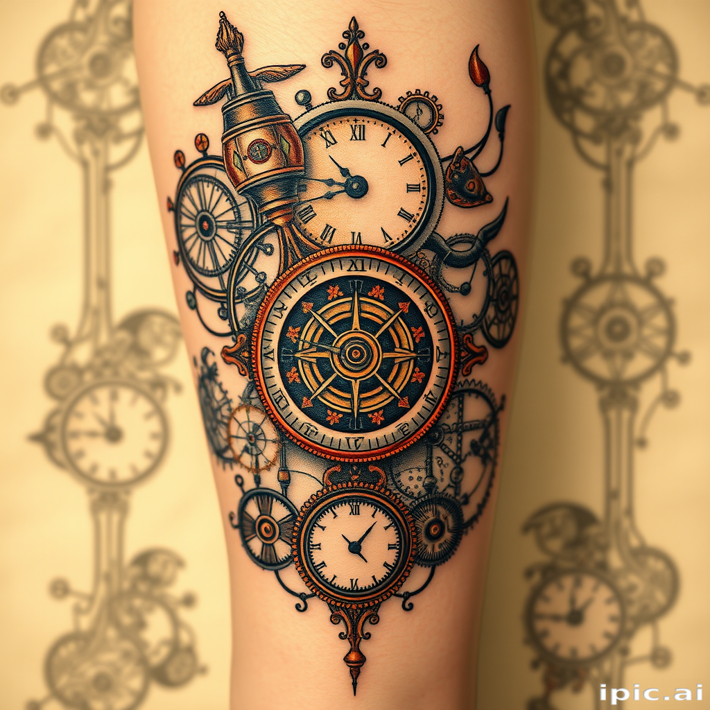 Steampunk-inspired tattoo featuring intricate clockwork mechanisms and Victorian-era elements, sepia tones with copper and brass accents, vintage industrial aesthetic with ornate details