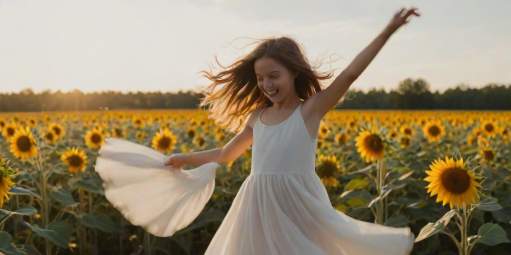 Blurry candid shot of a young girl twirling in a flowing white dress in a sunflower field, with her hair catching the sunlight and golden petals surrounding her in joyful abundance.