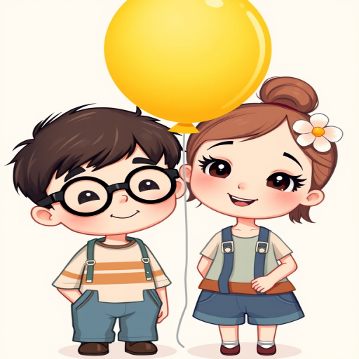 Create a high-quality illustration of two cartoon children, a boy with glasses and a girl with a flower in her hair, standing together with a yellow balloon, soft pastel background, shot in a whimsical style using a digital camera with a 50mm lens, aperture set to f/2.8 for a shallow depth of field, ISO 100 for minimal noise, and a soft lighting effect.