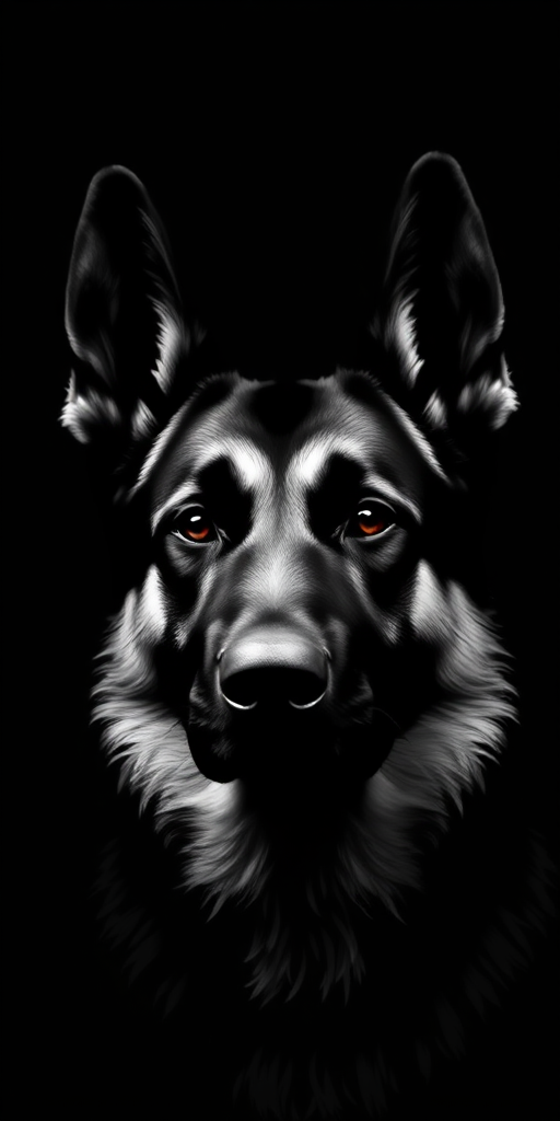 Create a high-resolution digital illustration of a German Shepherd dog's head in a dramatic black and white style, using a Canon EOS R5 camera with an 85mm f/1.2 lens, ISO 100, aperture f/1.2, and a shallow depth of field to enhance focus on the dog's facial features against a solid black background.