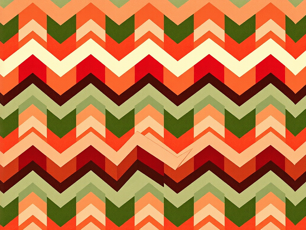 Create a vibrant patterned background featuring a chevron design in earthy tones of red, green, and cream, shot with a DSLR camera at f/4 aperture, ISO 100, 50mm lens, in high resolution with a flat lay view for enhanced detail and clarity.