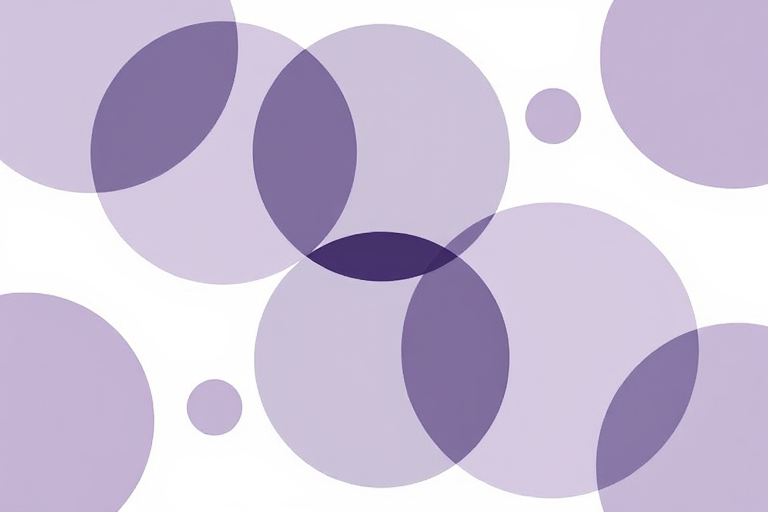 Create an abstract geometric composition featuring overlapping circles in soft grayscale and purple tones against a white background, captured with a Canon EOS R5, 50mm lens, f/1.8 aperture, ISO 100, using a soft focus style.