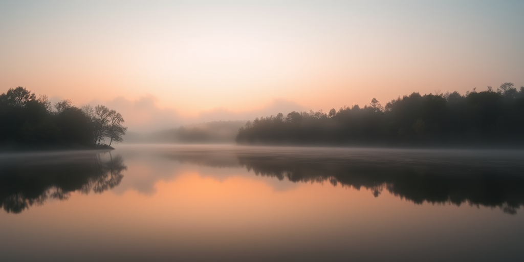 Sunrise over a tranquil lake with mist, reflections of trees and clouds in the water, DSLR camera, 50mm lens, f/8 aperture, ISO 100, 1/125s shutter speed, long exposure, soft pastel colors in the sky, wide shot.