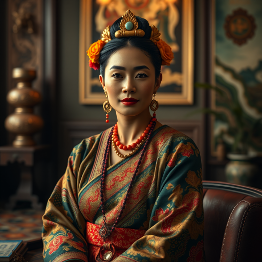 A beautiful Aboriginal Australian woman in traditional East Asian attire, intricately detailed with embroidered patterns, sitting gracefully in a richly decorated room, soft ambient lighting, serene and elegant, ultra-realistic, 8K resolution