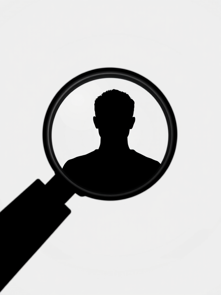 Create a high-resolution vector graphic of a magnifying glass focusing on a user silhouette, using a 50mm lens at f/1.8, shot from a 45-degree angle, in a minimalist style, with a clean background to enhance clarity.