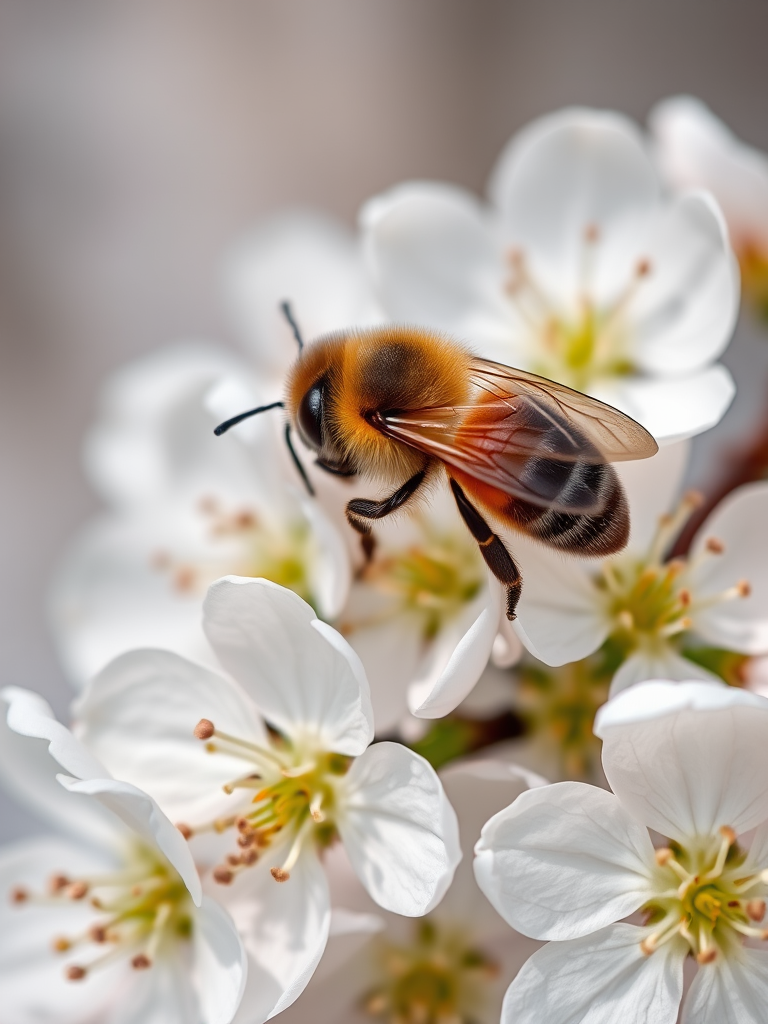 a close-up photograph of a bee on white cherry blossoms with a shallow depth of field, aperture f/2.8, ISO 100, shutter speed 1/200 sec, macro lens, soft natural light, shot on a DSLR camera