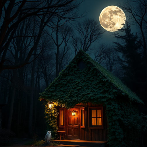 A mystical owl perched on a cozy, vine-covered cottage under a full moon, eerie forest in the background, captured with a Canon EOS R5, 24mm lens, f/4 aperture, ISO 200, long exposure for enhanced night ambiance, soft focus on surrounding trees.