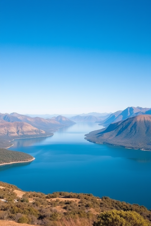 Generate a high-resolution image of a serene landscape featuring a calm lake surrounded by mountains under a clear blue sky, using a DSLR camera at 50mm focal length, aperture f/5.6, ISO 100, with a wide-angle view, ensuring vibrant colors and sharp detail.