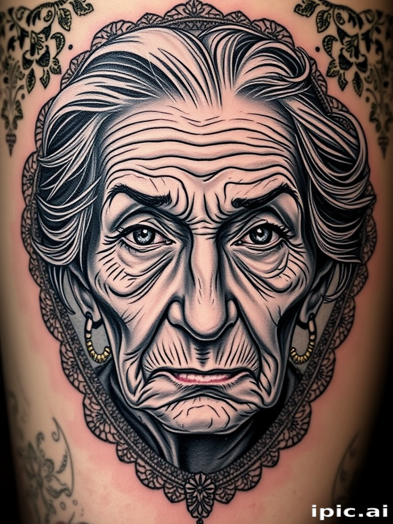 Realistic black and grey portrait tattoo called "Timeless Gaze" depicting an elderly woman's weathered face with intricate wrinkles, piercing eyes, and wispy hair, surrounded by a frame of delicate lace patterns