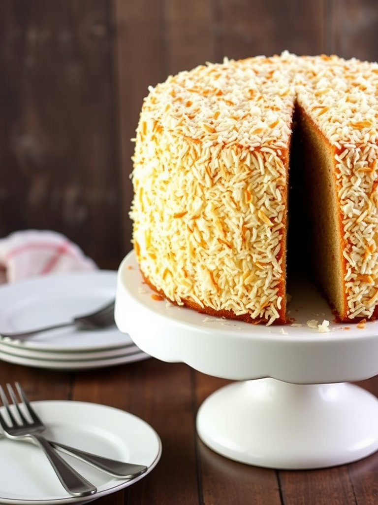 A tall round coconut cake covered in toasted coconut flakes on a white cake stand with a rustic wooden background and a plate with utensils nearby.
