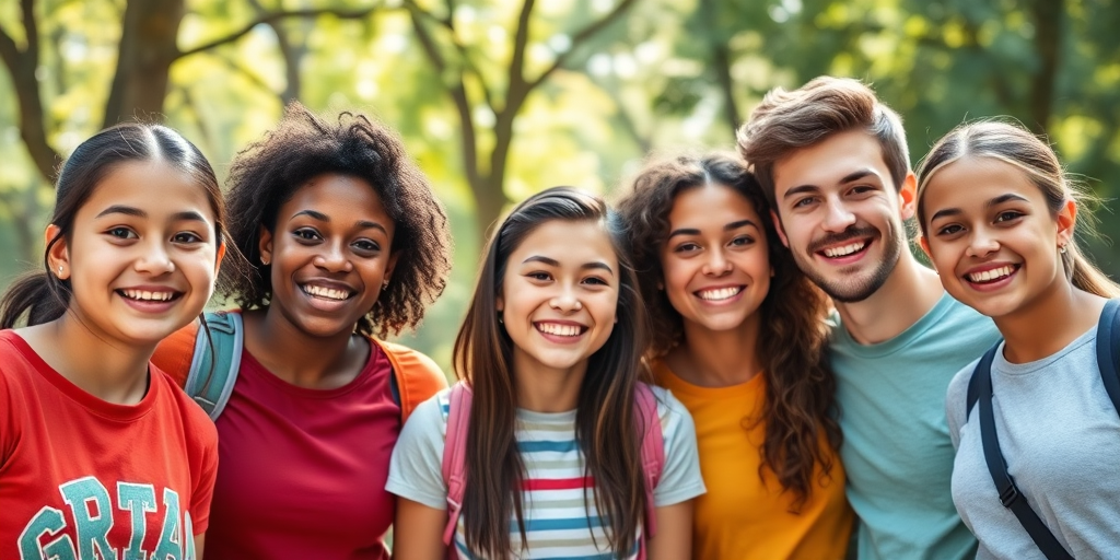 A vibrant outdoor group portrait of five diverse teenagers smiling joyfully, taken with a Canon EOS R5, 24mm lens, f/2.8 aperture, ISO 100, sunlight filtering through trees, shot from a slightly elevated angle for a dynamic perspective, focus on facial expressions and bright colors to enhance warmth and happiness.