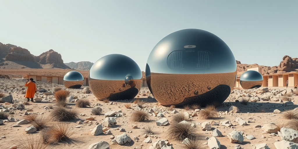 A futuristic landscape featuring large, reflective glass spheres resembling modern architecture nestled among rocky desert terrain, captured with a Canon EOS R5, 24mm lens, f/8 aperture, ISO 100, in natural daylight to enhance clarity and detail.