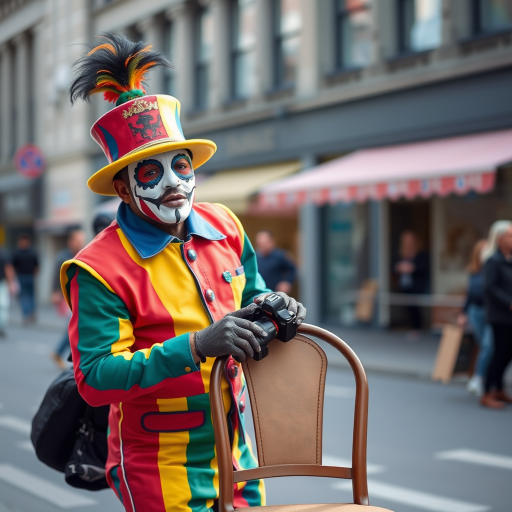 A street performer in a colorful paint suit holding a chair, soft natural lighting, 50mm lens, f/2.8 aperture, ISO 200, shallow depth of field, professional DSLR camera, portrait orientation, daytime setting.