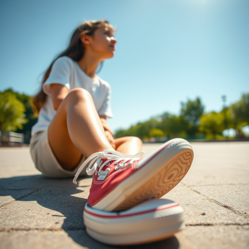 Generate an ultra-realistic, highly detailed, high-definition photograph. It's a photo of a girl sitting on the floor. She's looking at the horizon. The photo is taken from the bottom up, at ground level. The girl's sneakers are in the foreground, in the center of the scene. The girl is wearing light clothes, a t-shirt and short shorts. The sky is blue. Bright environment. The background is a blurred image of a park.