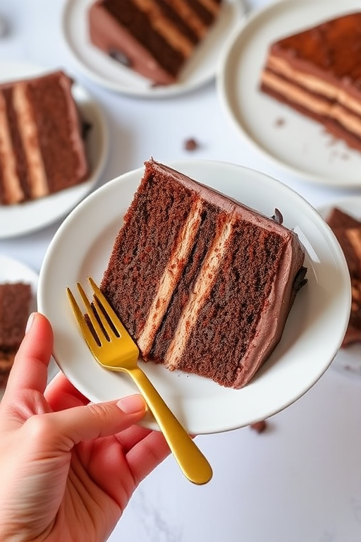 Delicious slice of layered chocolate cake on a white plate held by a hand with a gold fork nearby the cake with multiple layers including chocolate frosting and cream filling surrounded by additional cake slices in the background