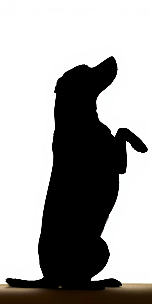 Generate an image of a stylized black silhouette of a dog sitting on its hind legs, captured with a DSLR camera, f/2.8 aperture, 50mm lens, ISO 100, natural backlighting for a soft glow against a light background.