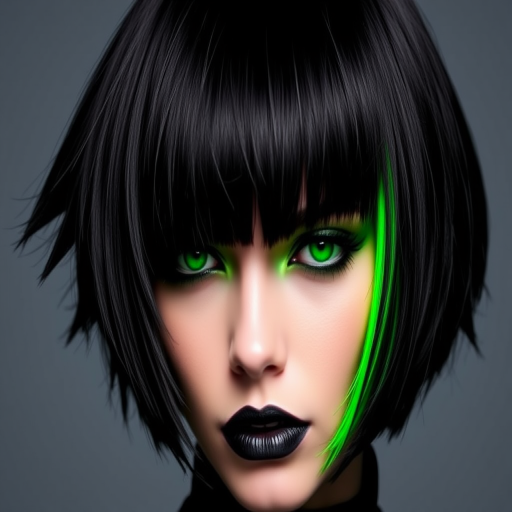 Dramatic jet black bob with razor-sharp edges and a single neon green streak framing the face, creating an eye-catching contrast in the edgy "Emerald Noir" style
