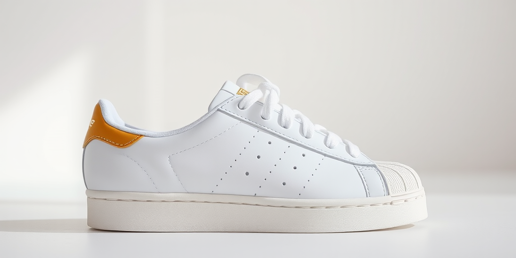 Generate a high-resolution side view image of white Adidas Superstar sneakers with gold accents, using a DSLR camera set to f/2.8 aperture, ISO 100, and a shutter speed of 1/125 sec, in a minimalist studio setting with soft natural lighting.