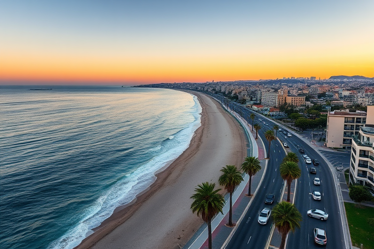 Coastal cityscape at sunset with buildings, palm trees, and cars along the promenade, captured with a Canon EOS R, 35mm lens, f/8, ISO 200, 1/200 sec, natural lighting, wide-angle view.