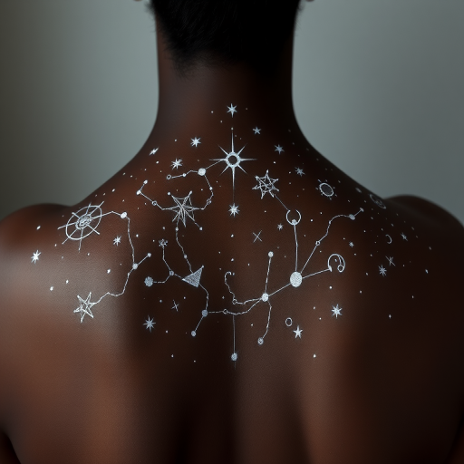 Ethereal white ink constellation tattoo, "Celestial Cartography," mapping out intricate star patterns and zodiac symbols using delicate white ink on darker skin tones, creating a subtle yet magical effect that seems to glow under certain lights, ideal for the back or chest