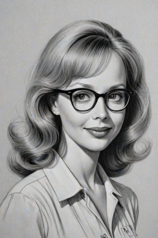 Exquisite Shelley Long, pencil sketch, portrait of Fascinating woman 1948s in glasses, hair style beatnik, outline, clear lines, fine lines, 8k