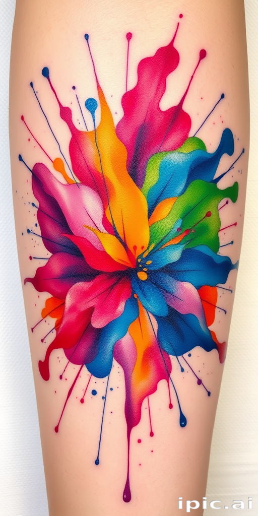 Watercolor splash tattoo called "Chromatic Explosion" featuring bursts of vibrant pigments blending and overlapping to form an abstract representation of emotions and energy