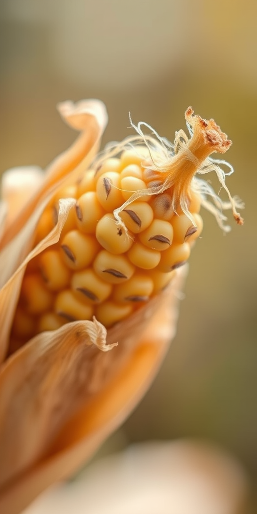 macro shot of a single corn ear with dried leaves and silk, shallow depth of field, natural light, f/2.8 aperture, ISO 100, 50mm lens, DSLR camera, soft focus background for enhanced detail and vibrancy in colors.