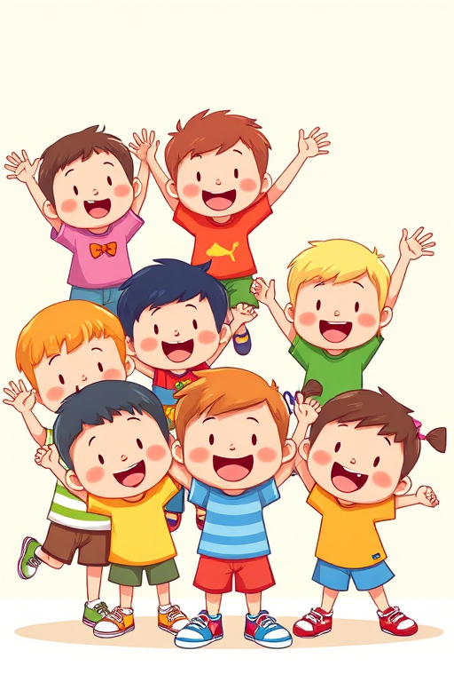 Create a vibrant illustration of playful cartoon children in various poses, using bright colors with a lighthearted theme, captured in high-resolution with a Canon EOS 5D Mark IV, 50mm lens, aperture f/2.8, ISO 100, natural lighting from the front, and a slight bokeh effect for depth.