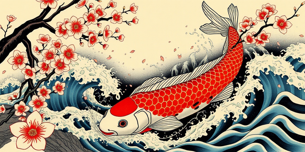 Japanese irezumi tattoo called "Koi Ascension" depicting a large-scale traditional scene of koi fish swimming upstream amidst cherry blossoms and turbulent waves with bold colors and black outlines