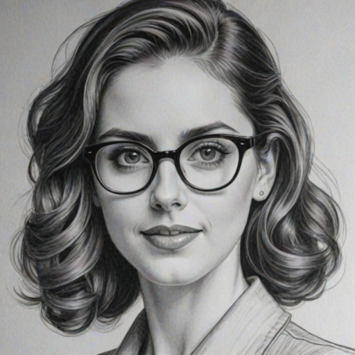 Beauteous Alison Brie, pencil sketch, portrait of Enticing woman 1940s in glasses, hair style beatnik, outline, clear lines, fine lines, 8k