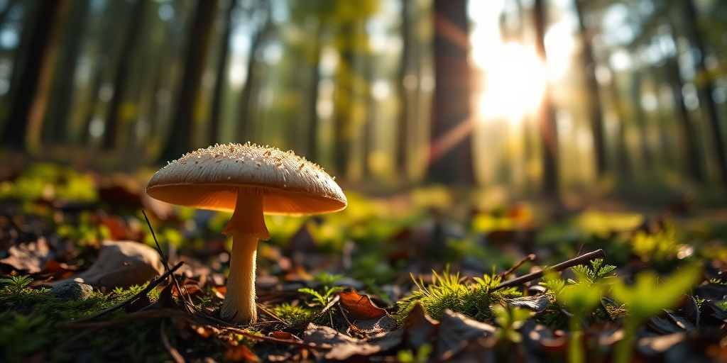 capture a low-angle shot of a mushroom in the forest with soft morning light filtering through the trees, use a DSLR camera with a 50mm lens, aperture set to f/2.8 for shallow depth of field, ISO 100 for minimal noise, and HDR settings for enhanced dynamic range