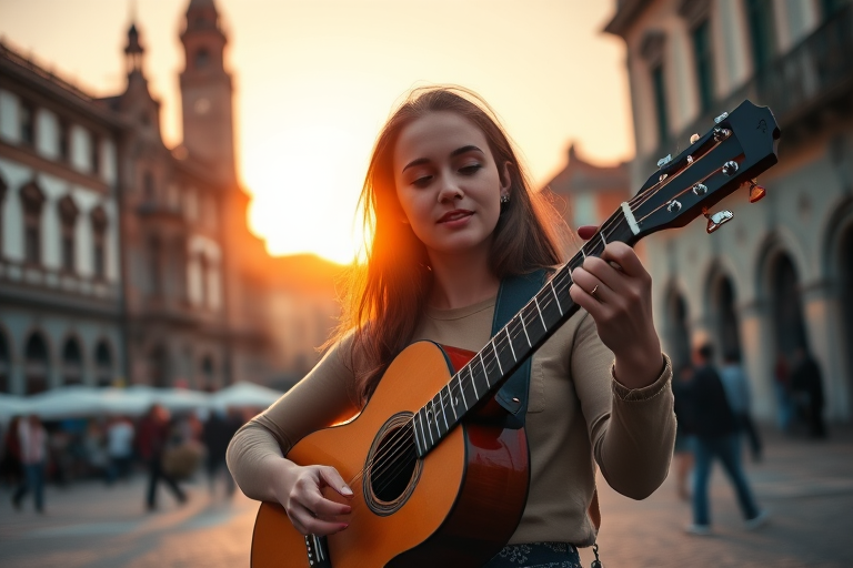 A young woman playing an acoustic guitar in a lively square with historic architecture at sunset, warm tones, soft focus, f/2.8, ISO 100, 1/125s, wide-angle lens, DSLR style, golden hour lighting.
